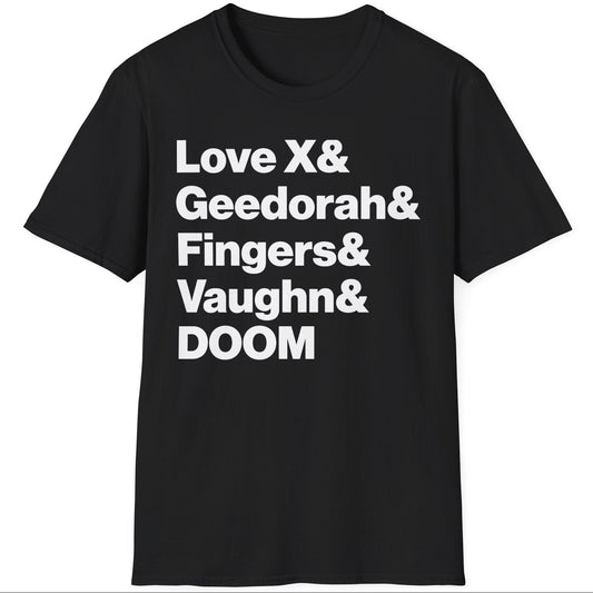 MF DOOM inspired graphic t-shirt featuring Love, X, Geedorah, Fingers, Vaughn and Doom