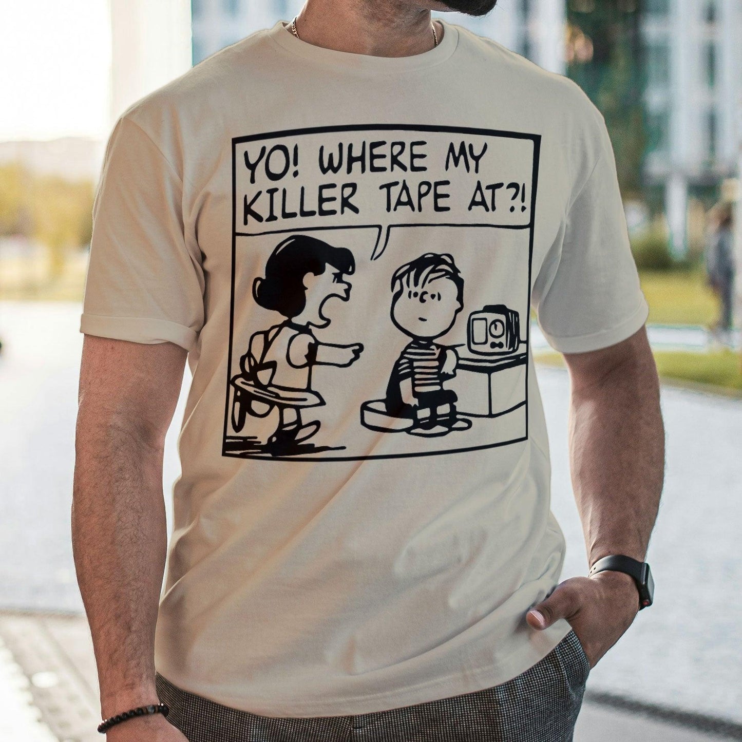 Yo! Where My Killer Tape At?! Beige Wu-Tang Inspired Peanuts Tee - OMFnG Tee's
