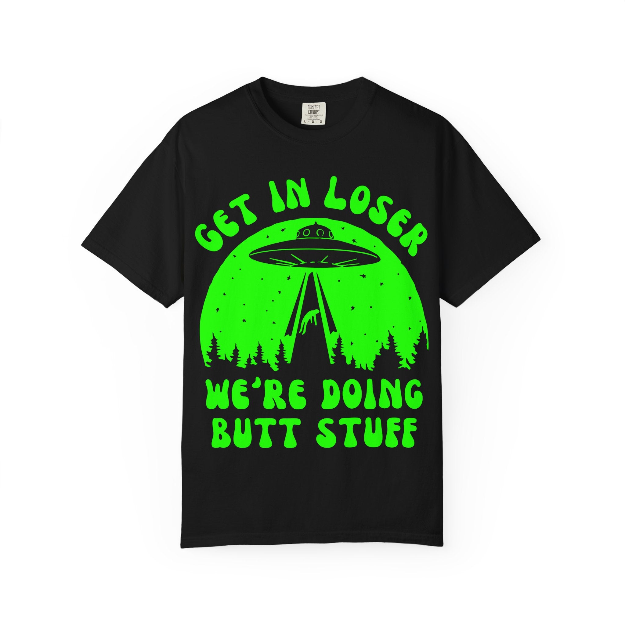 Black t-shirt with green alien abduction graphic and text on a white background