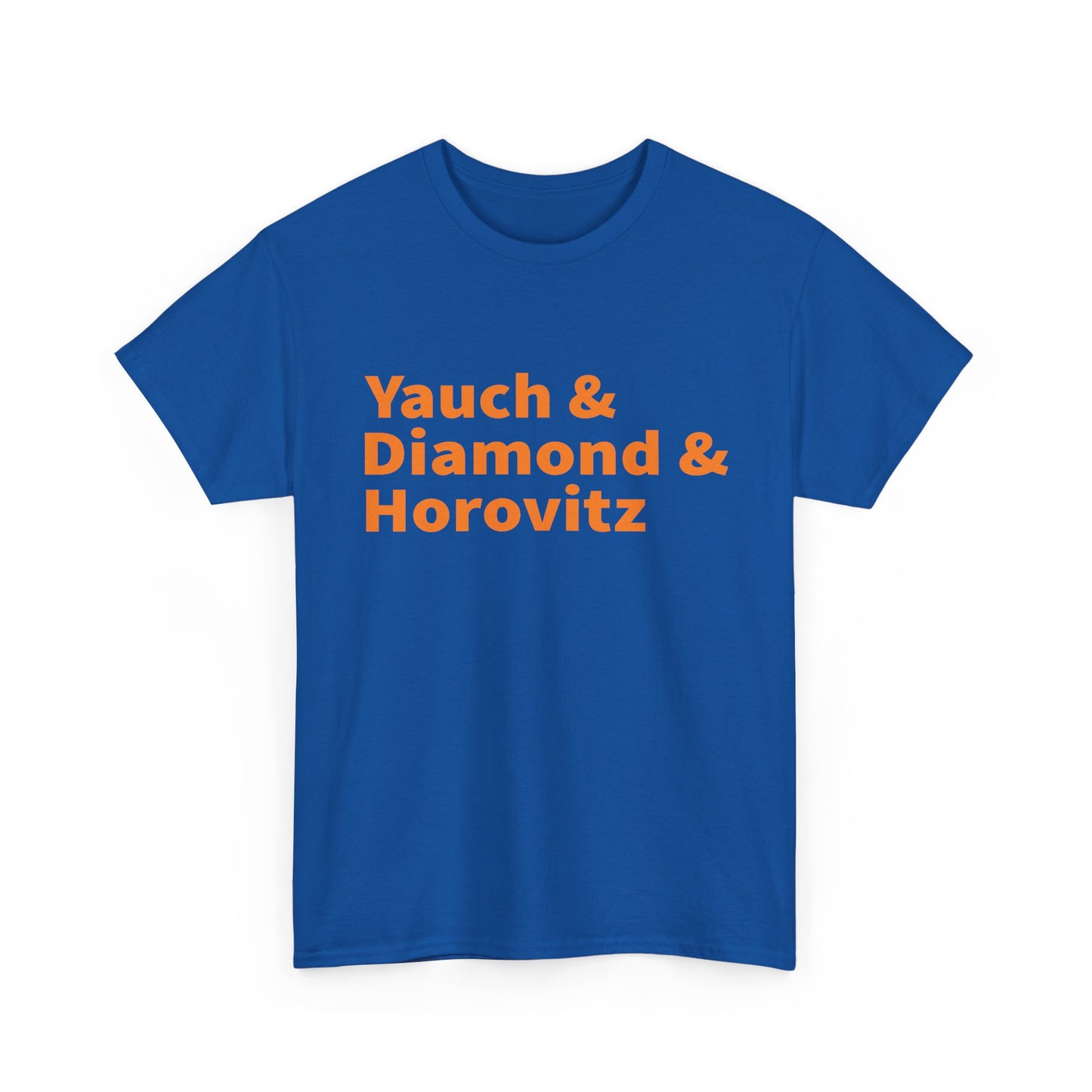 T-Shirt — “Yauch & Diamond & Horovitz” in New York Knicks Colors (Blue & Orange) Retro Band Names Tee