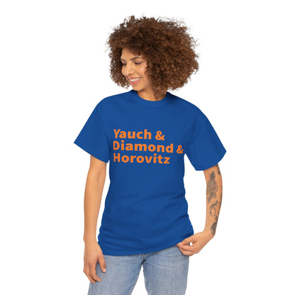 T-Shirt — “Yauch & Diamond & Horovitz” in New York Knicks Colors (Blue & Orange) Retro Band Names Tee