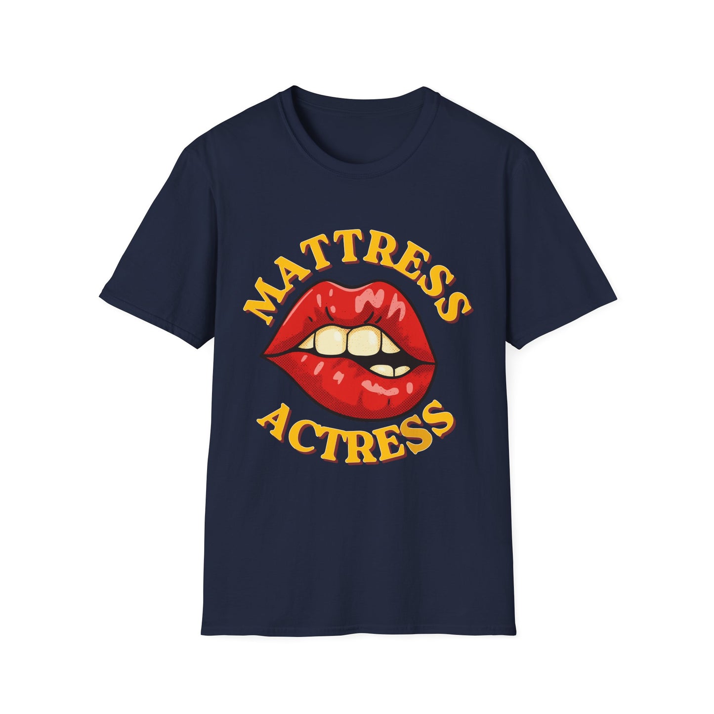 Navy blue t-shirt with red lips graphic and 'Mattress Actress' text on a white background