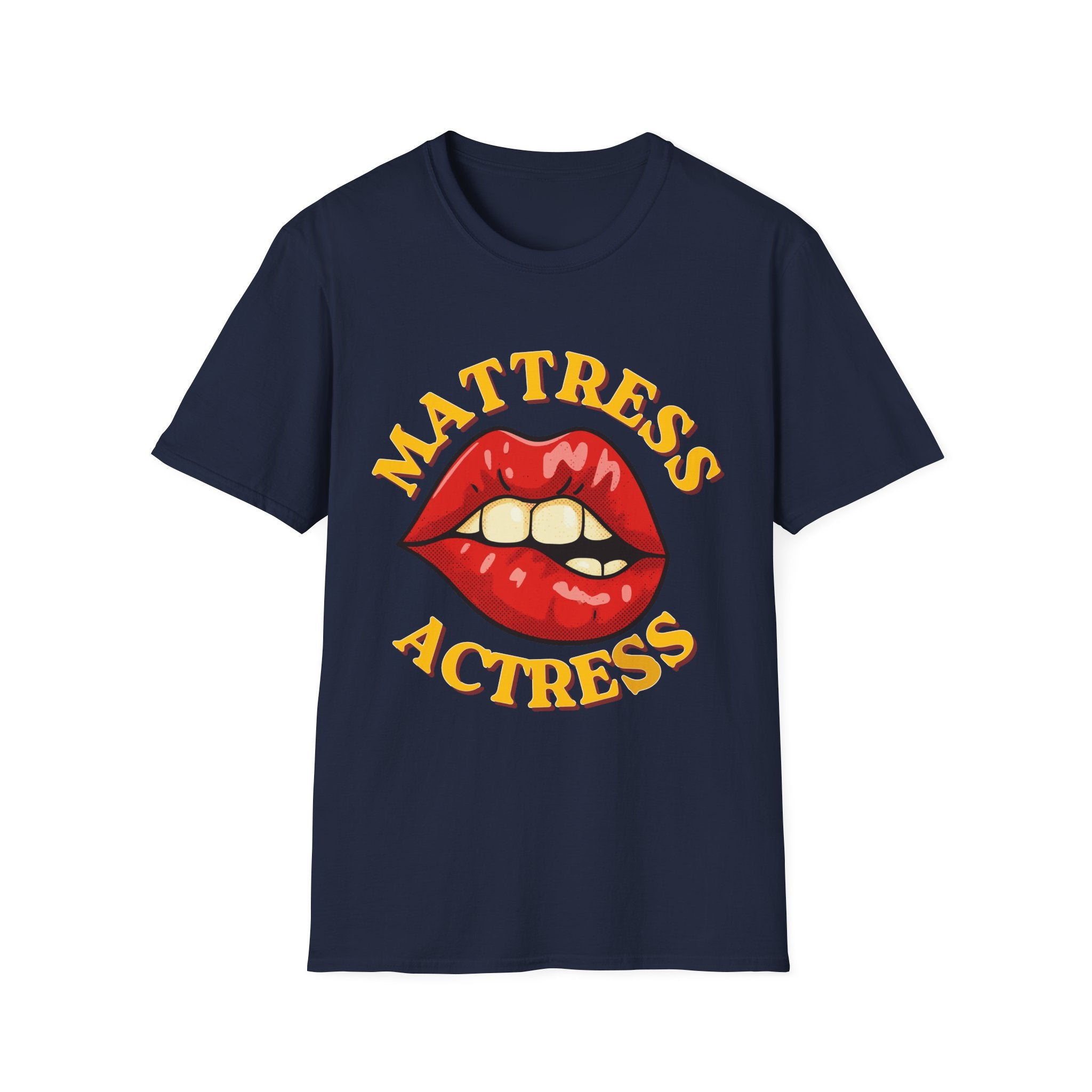 Navy blue t-shirt with red lips graphic and 'Mattress Actress' text on a white background