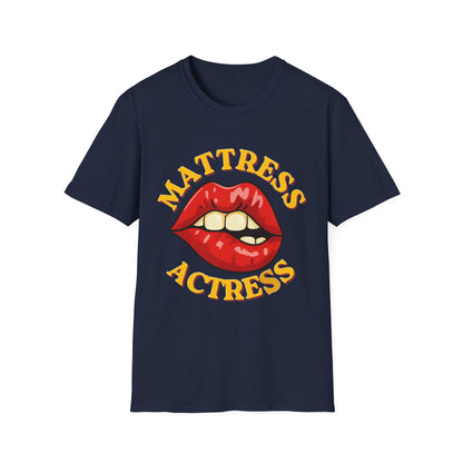 Navy blue t-shirt with red lips graphic and 'Mattress Actress' text on a white background