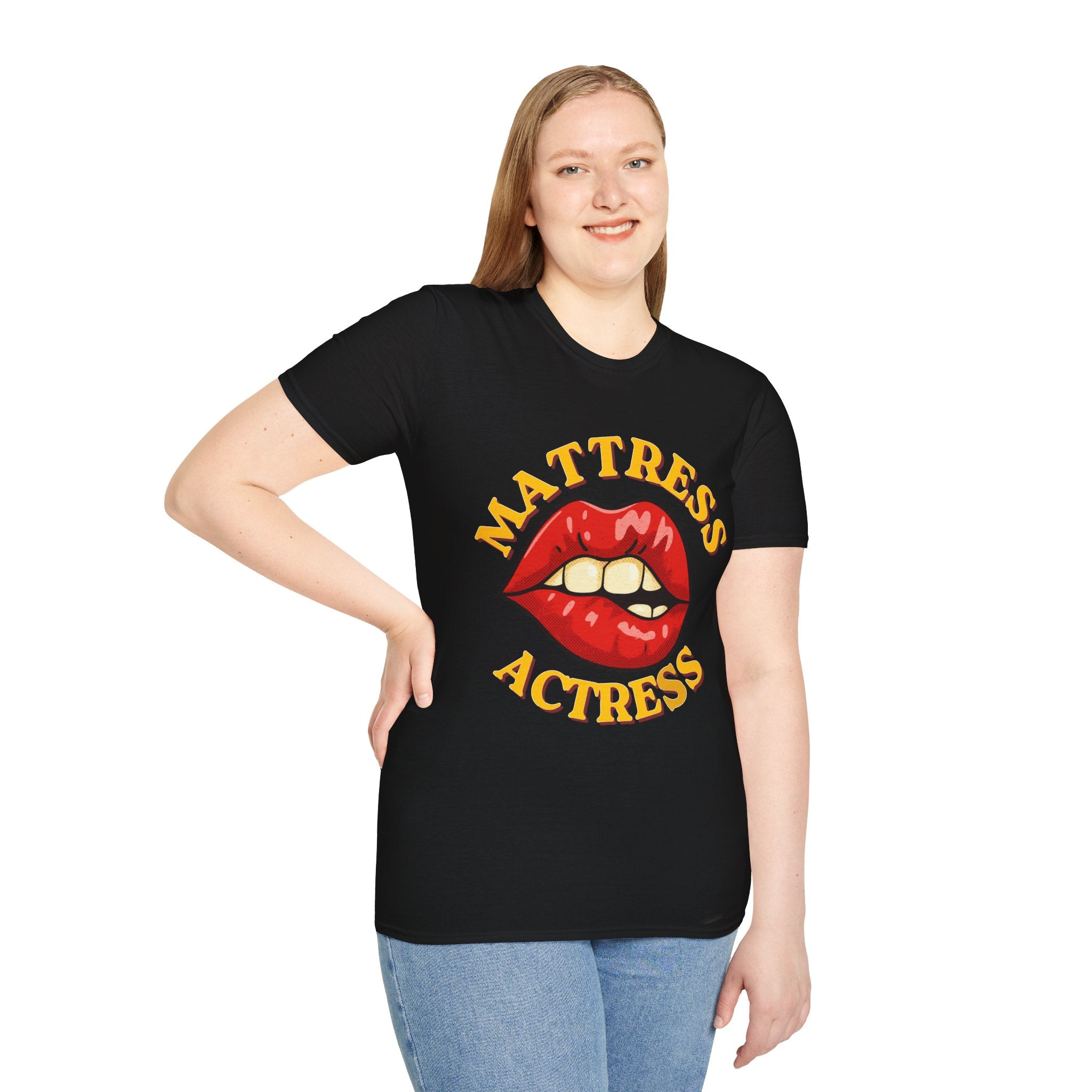Person wearing a black t-shirt with a graphic design and text on a white background