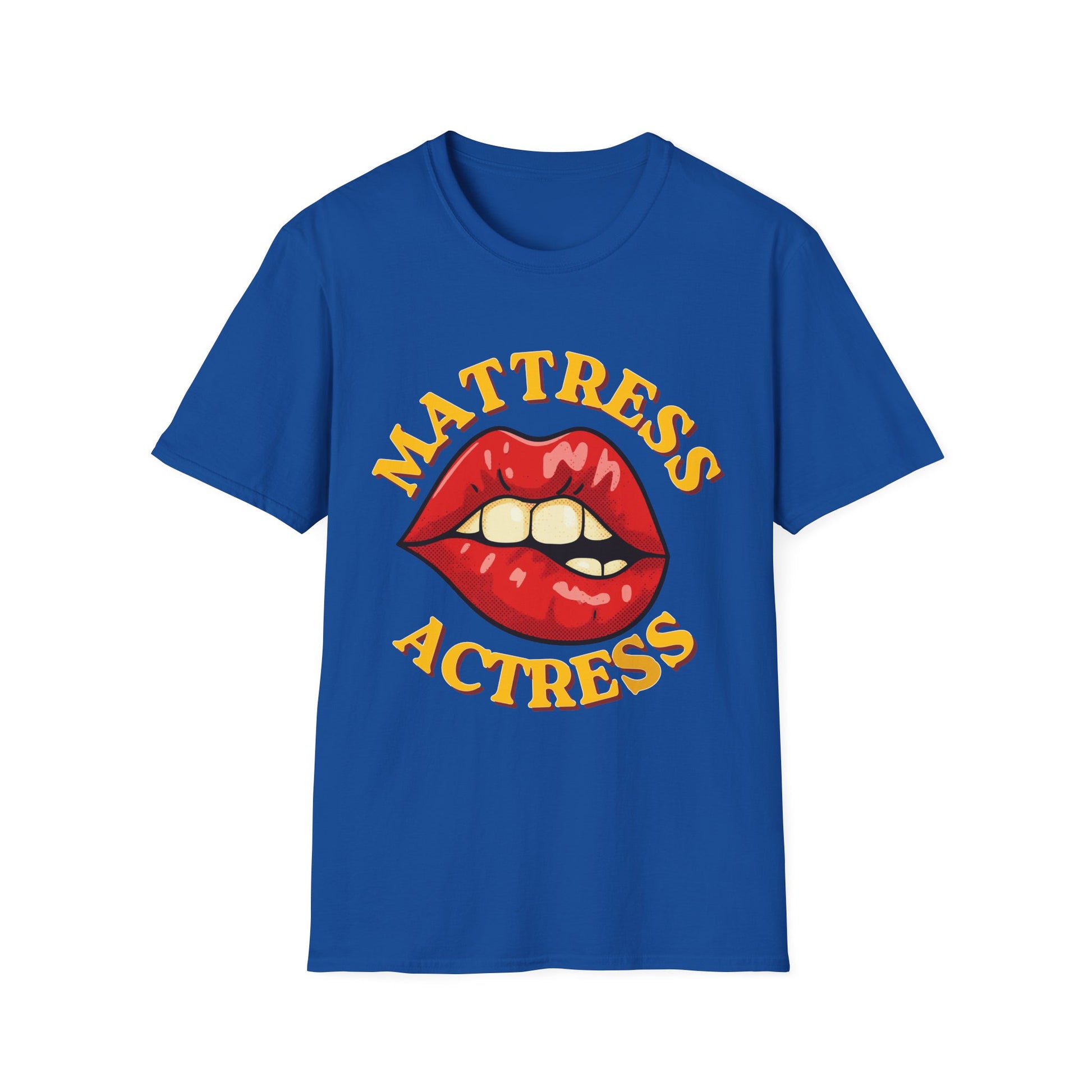 Blue t-shirt with red lips graphic and 'Mattress Actress' text on a white background
