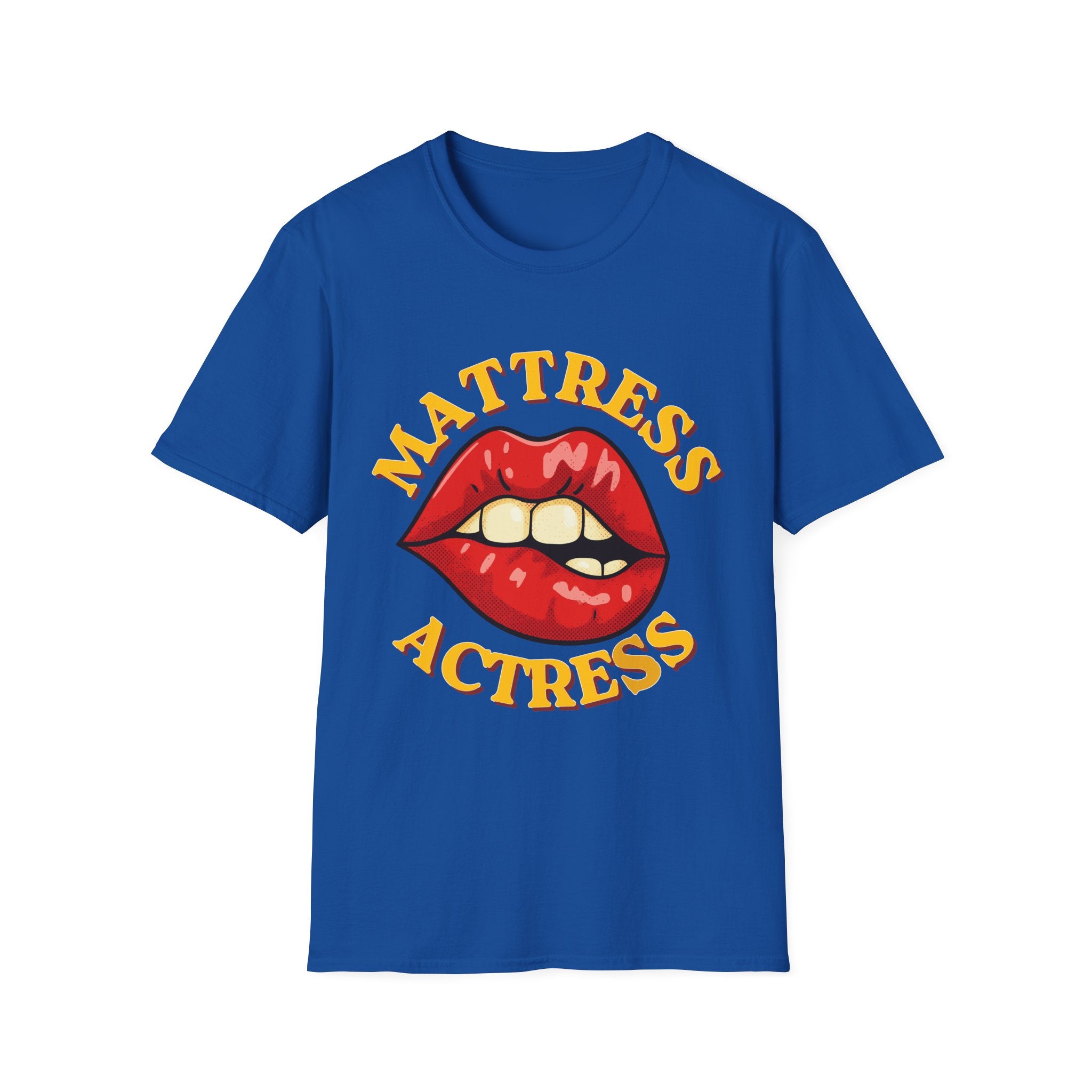 Blue t-shirt with red lips graphic and 'Mattress Actress' text on a white background
