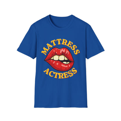 Blue t-shirt with red lips graphic and 'Mattress Actress' text on a white background