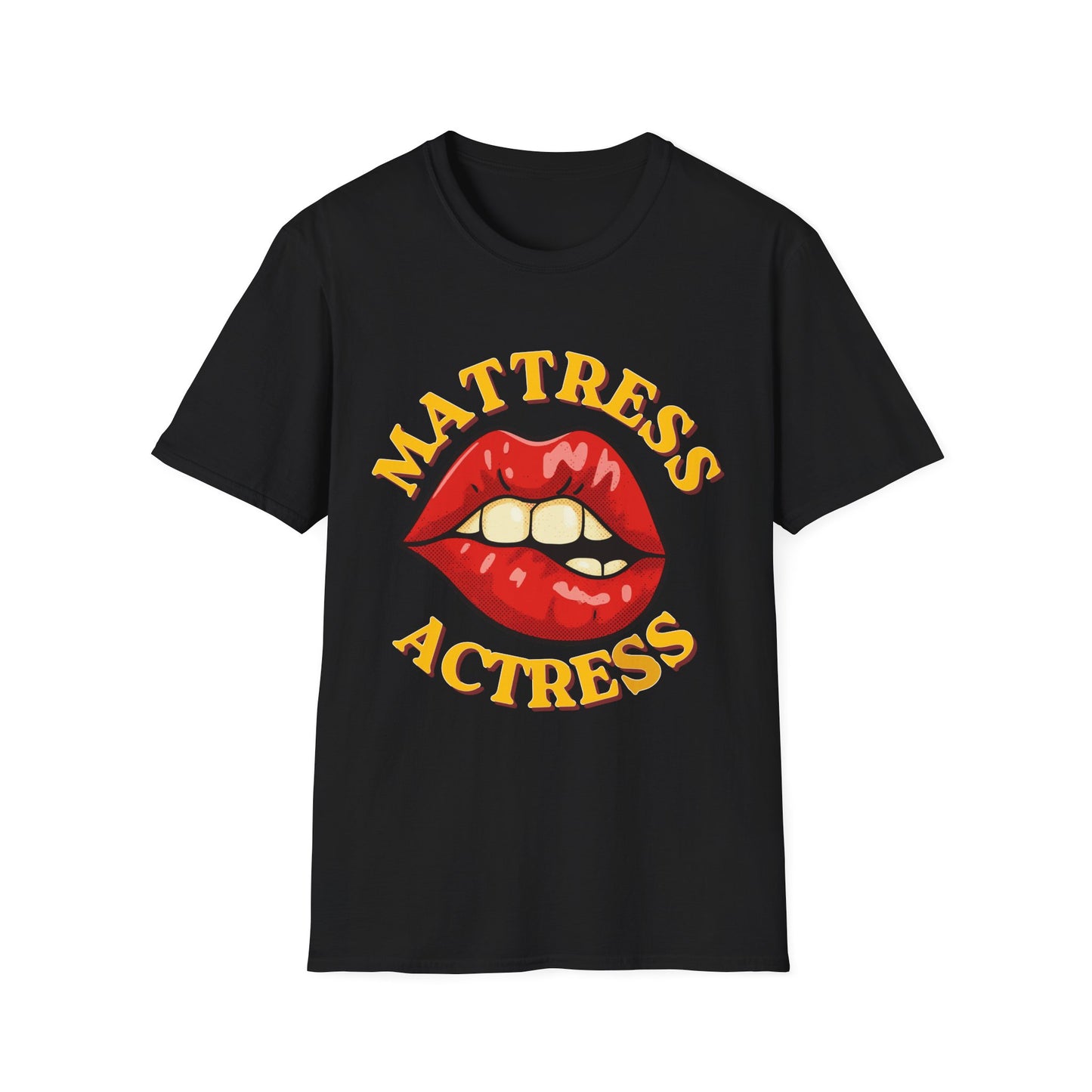 Black t-shirt with red lips graphic and 'Mattress Actress' text on a white background