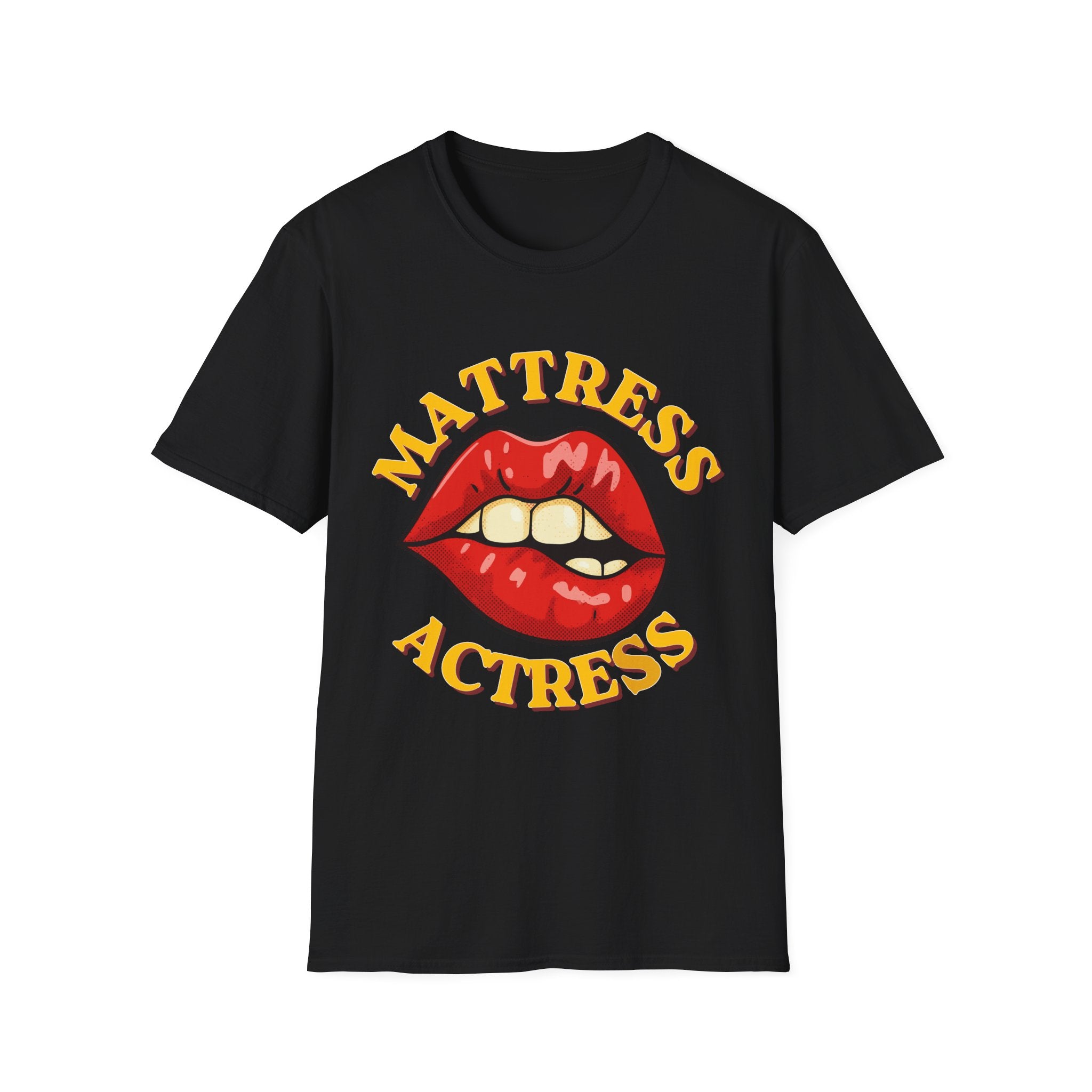 Black t-shirt with red lips graphic and 'Mattress Actress' text on a white background