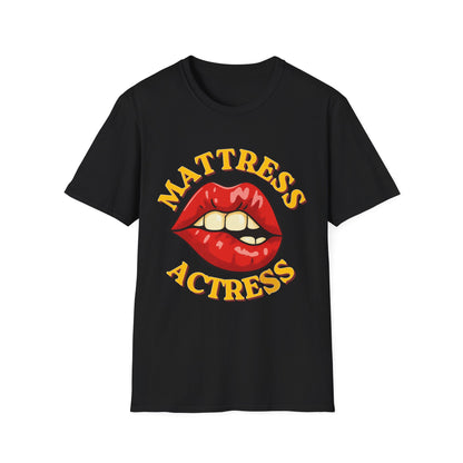 Black t-shirt with red lips graphic and 'Mattress Actress' text on a white background