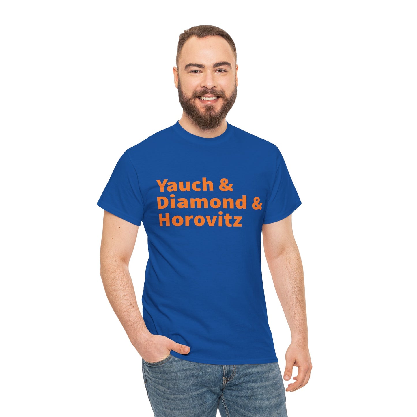T-Shirt — “Yauch & Diamond & Horovitz” in New York Knicks Colors (Blue & Orange) Retro Band Names Tee