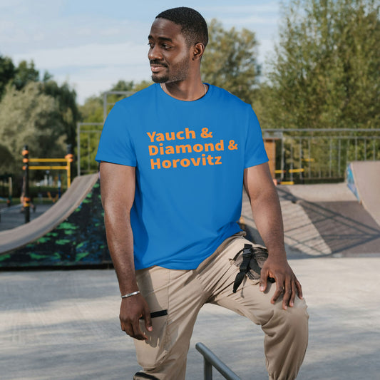 Man wear Yauch • Diamond • Horovitz Tee — Knicks Colors (Blue & Orange) at skate park