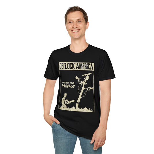Black DEFLOCK AMERICA graphic tee with distressed artwork supporting privacy and Fourth Amendment rights