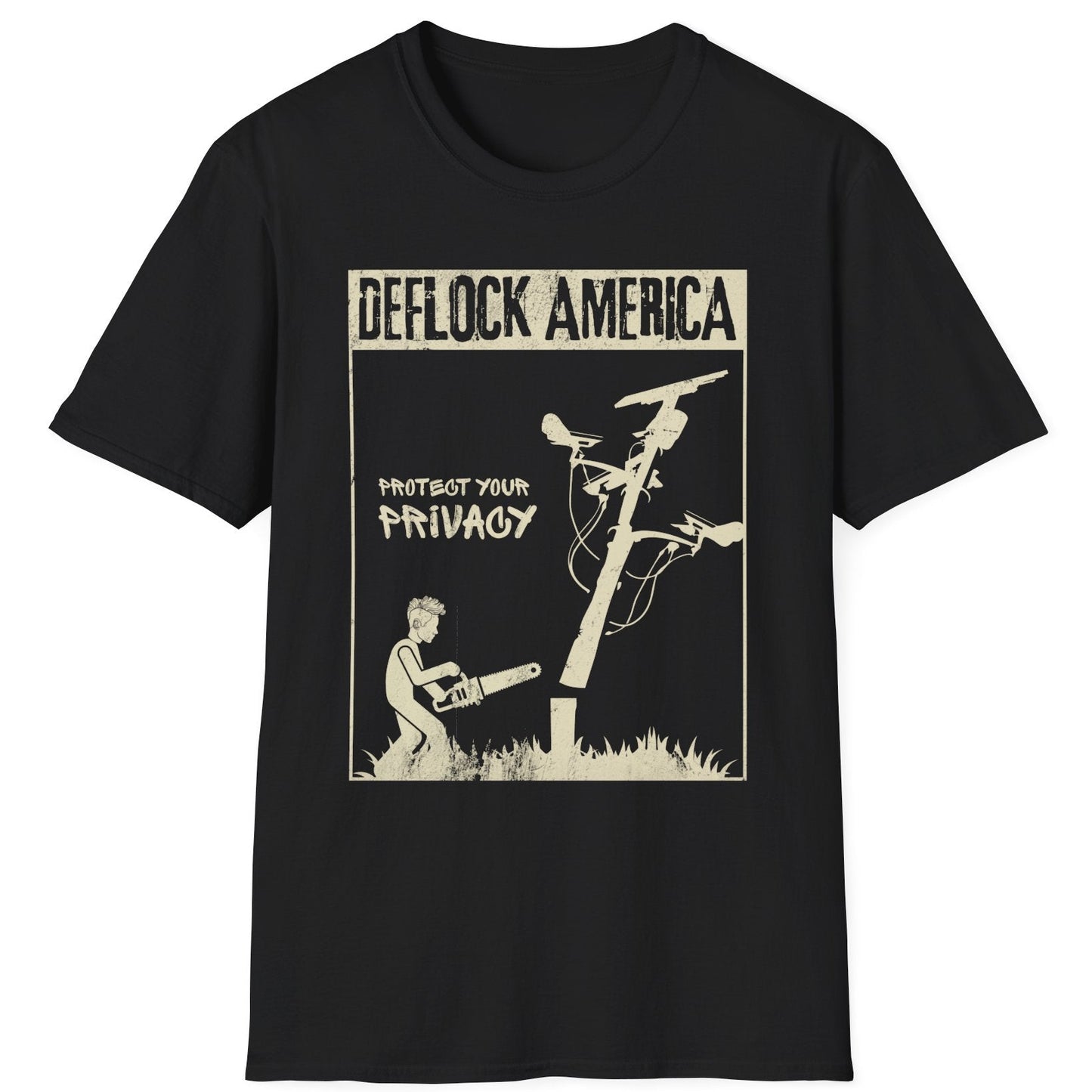 DEFLOCK AMERICA anti-ALPR privacy t-shirt featuring a person cutting down a surveillance camera pole