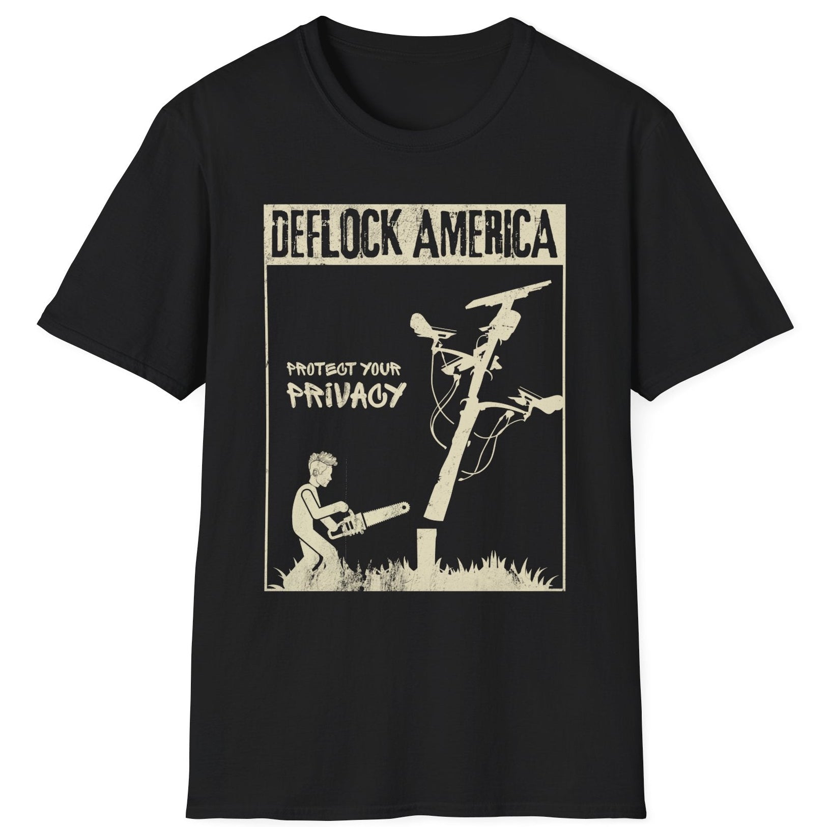 DEFLOCK AMERICA anti-ALPR privacy t-shirt featuring a person cutting down a surveillance camera pole