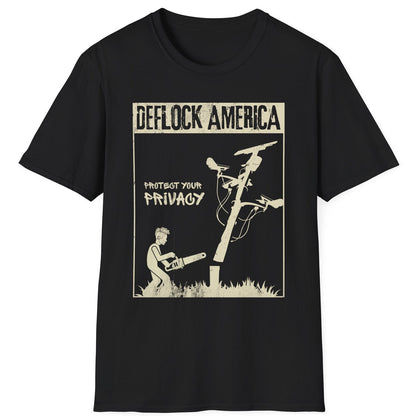 DEFLOCK AMERICA anti-ALPR privacy t-shirt featuring a person cutting down a surveillance camera pole