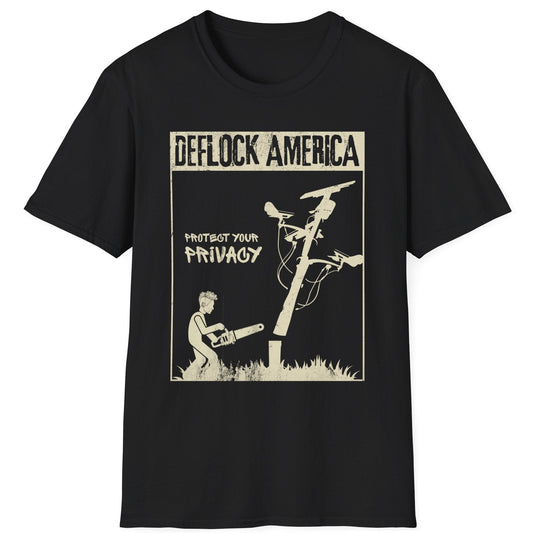 DEFLOCK AMERICA anti-ALPR privacy t-shirt featuring a person cutting down a surveillance camera pole