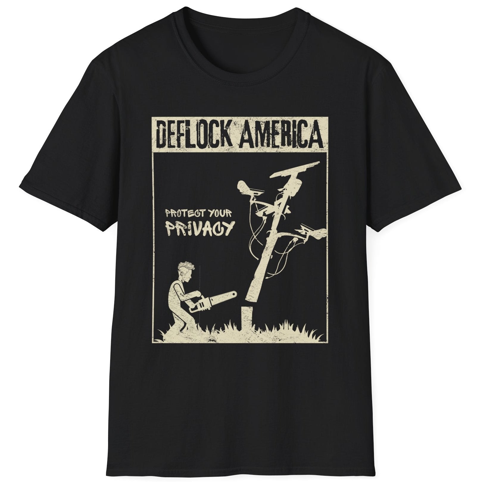 DEFLOCK AMERICA anti-ALPR privacy t-shirt featuring a person cutting down a surveillance camera pole