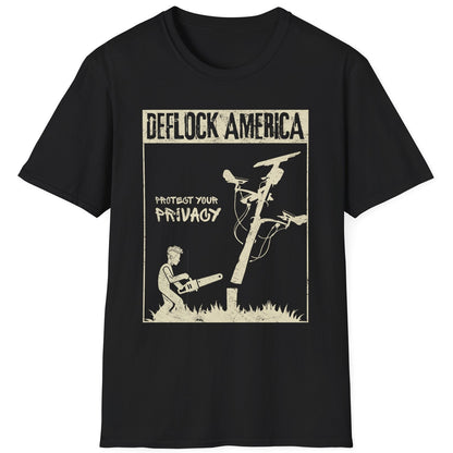 DEFLOCK AMERICA anti-ALPR privacy t-shirt featuring a person cutting down a surveillance camera pole