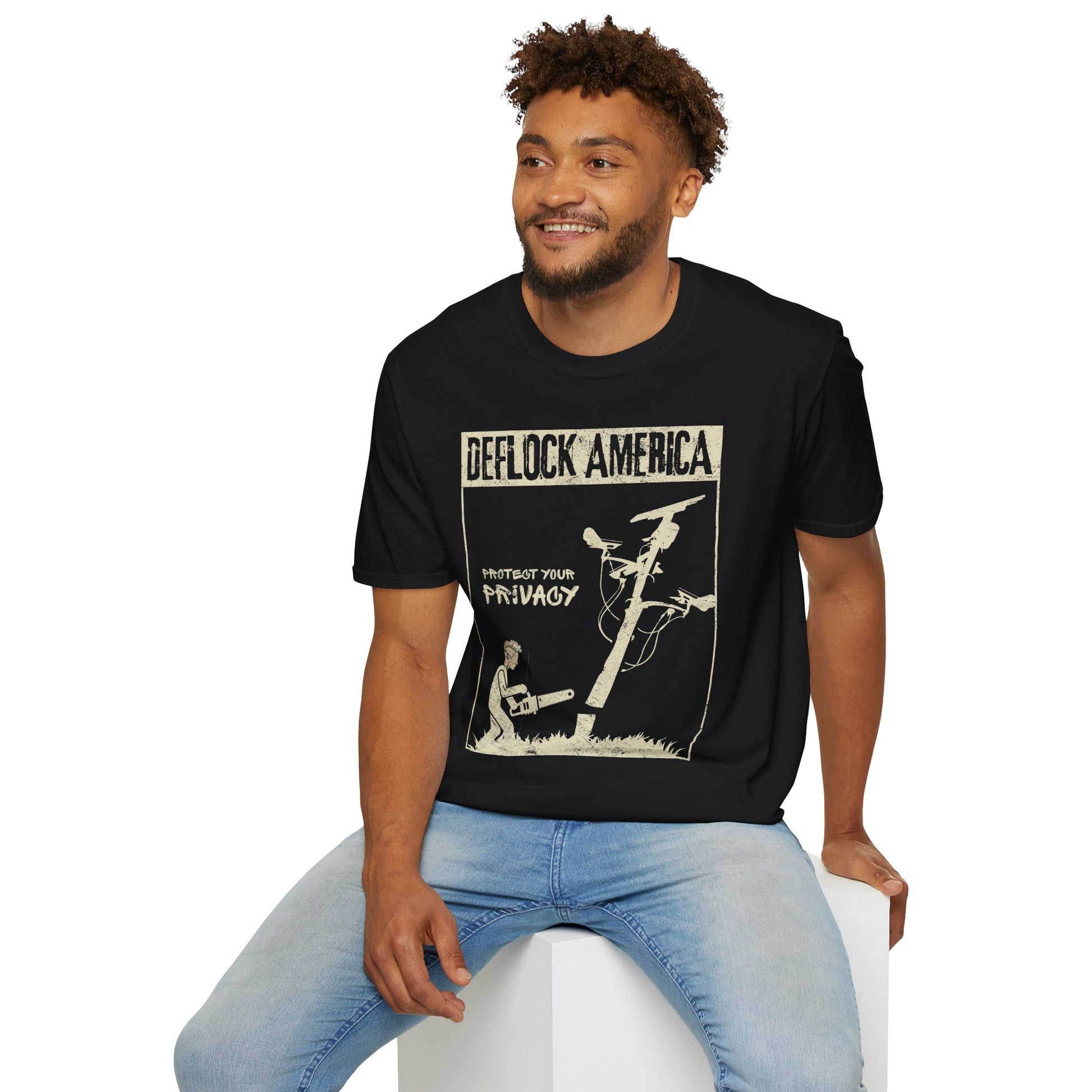 Close-up of the DEFLOCK AMERICA design inspired by opposition to Flock Safety ALPR cameras and mass surveillance