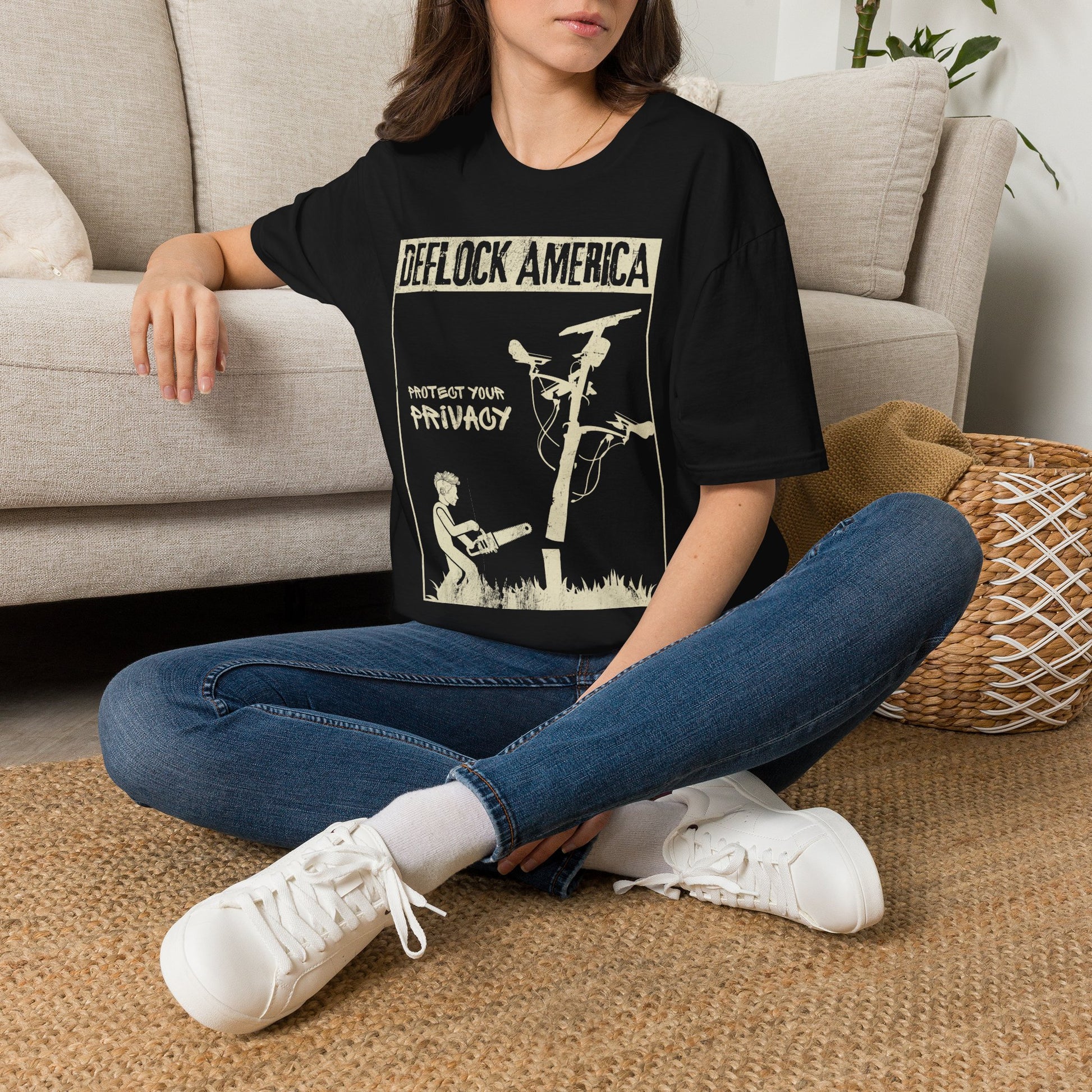 ront view of the DEFLOCK AMERICA streetwear t-shirt promoting digital privacy and civil liberties