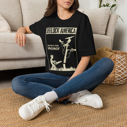 ront view of the DEFLOCK AMERICA streetwear t-shirt promoting digital privacy and civil liberties