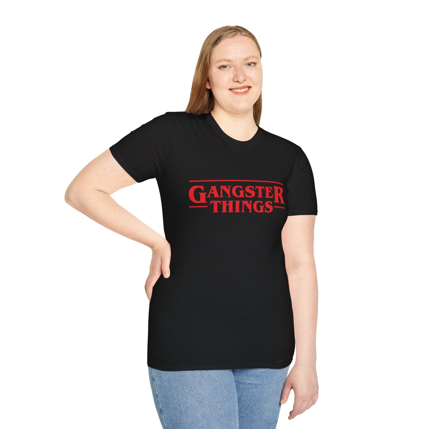 Front view of the Gangster Things hip-hop streetwear t-shirt featuring a vintage-inspired red logo