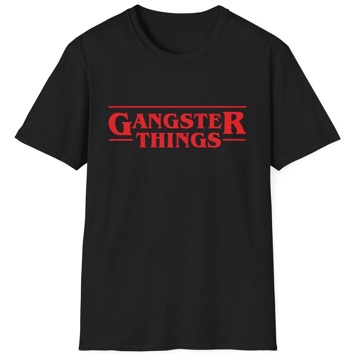 Gangster Things graphic t-shirt with retro red logo on a black premium tee