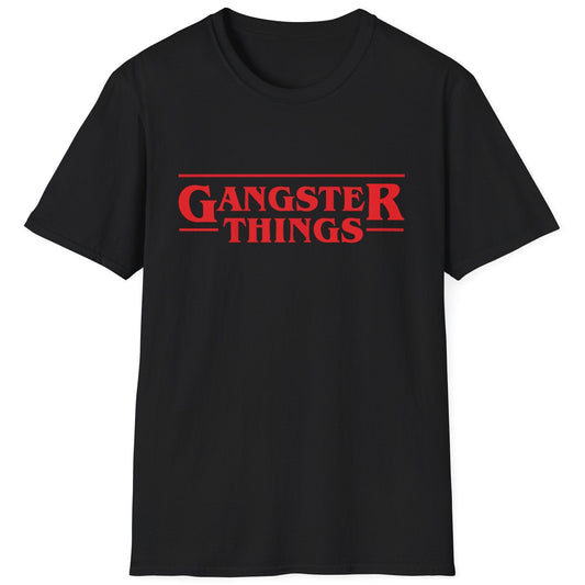 Gangster Things graphic t-shirt with retro red logo on a black premium tee