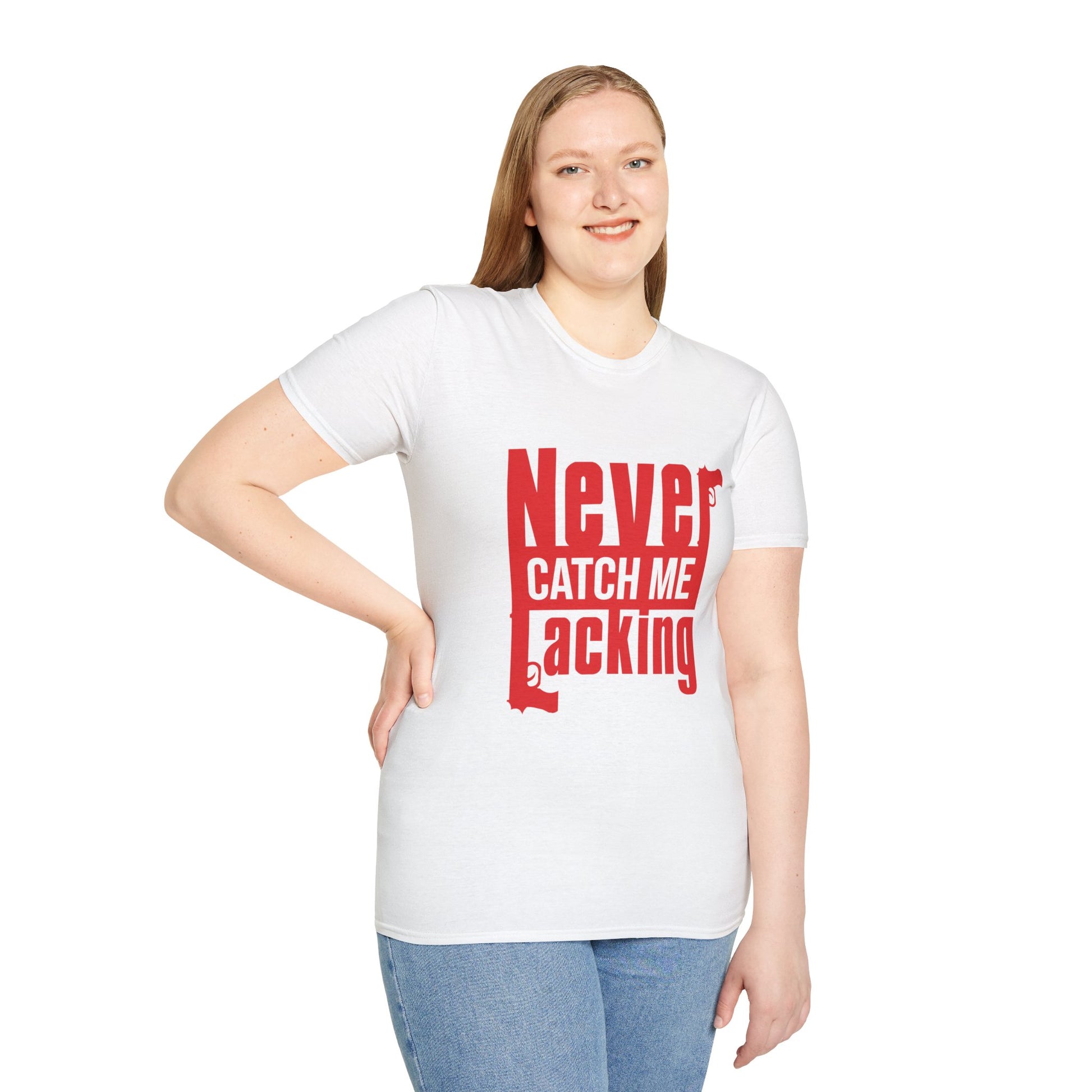 Person wearing the Never Catch Me Lacking streetwear t-shirt with a relaxed fit