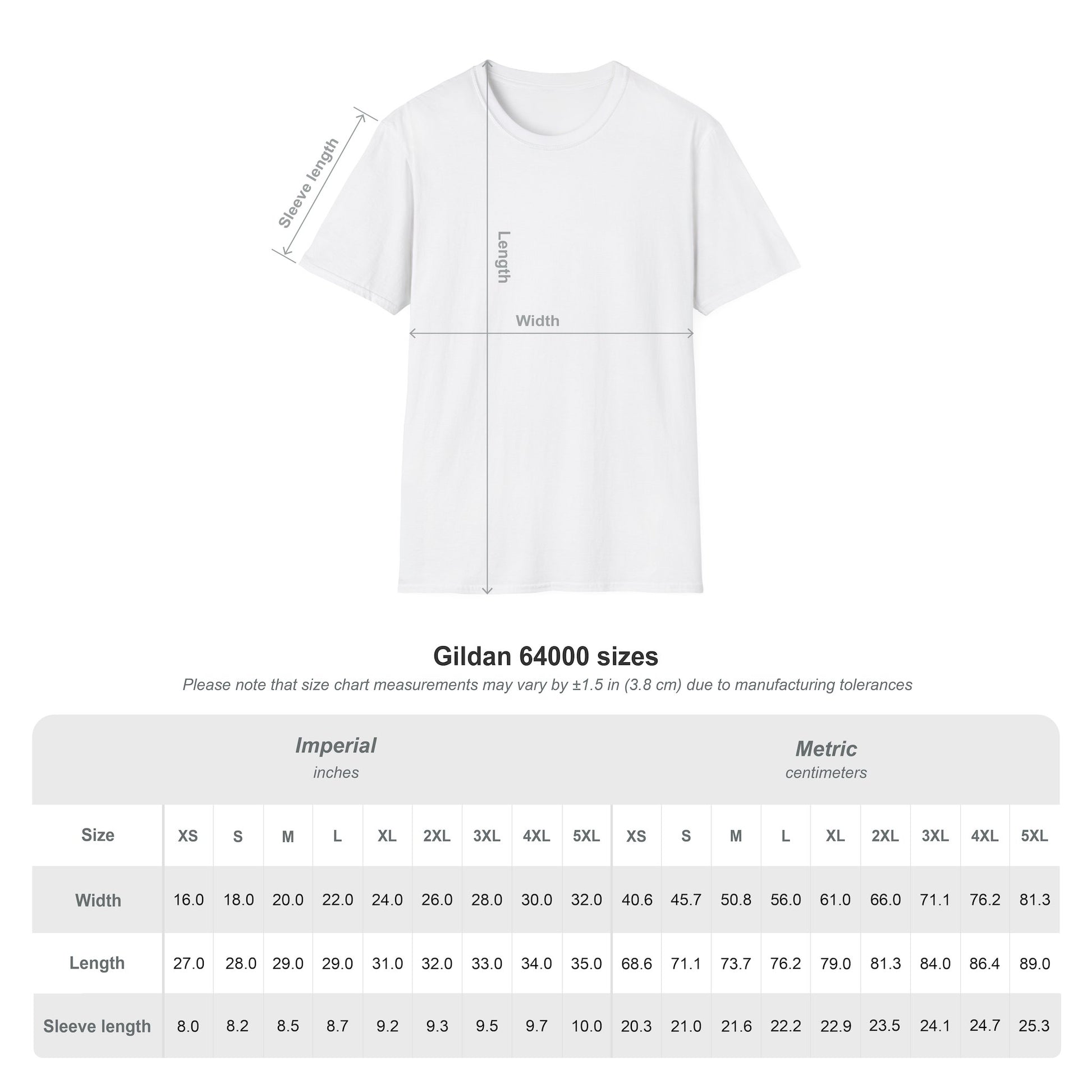 Privacy advocate shirt with size chart measurements on a white background